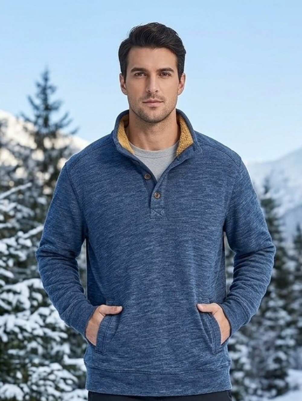 G.H. Bass & Co. Men's Blue Thermal Fleece-Lined Button Mock Neck Pullover XL